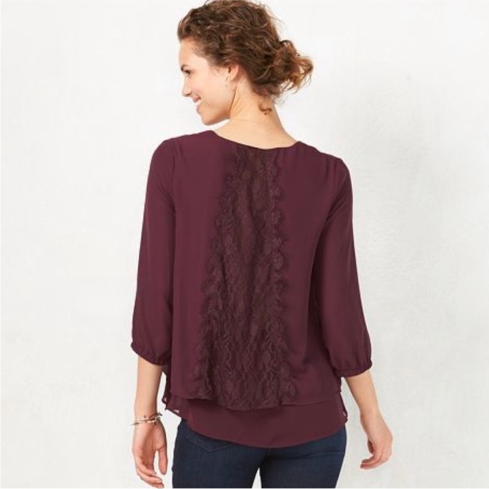LC Lauren Conrad Size XS Lace Top Sheer 3/4 Sleeves Chiffon Deep Wine Color